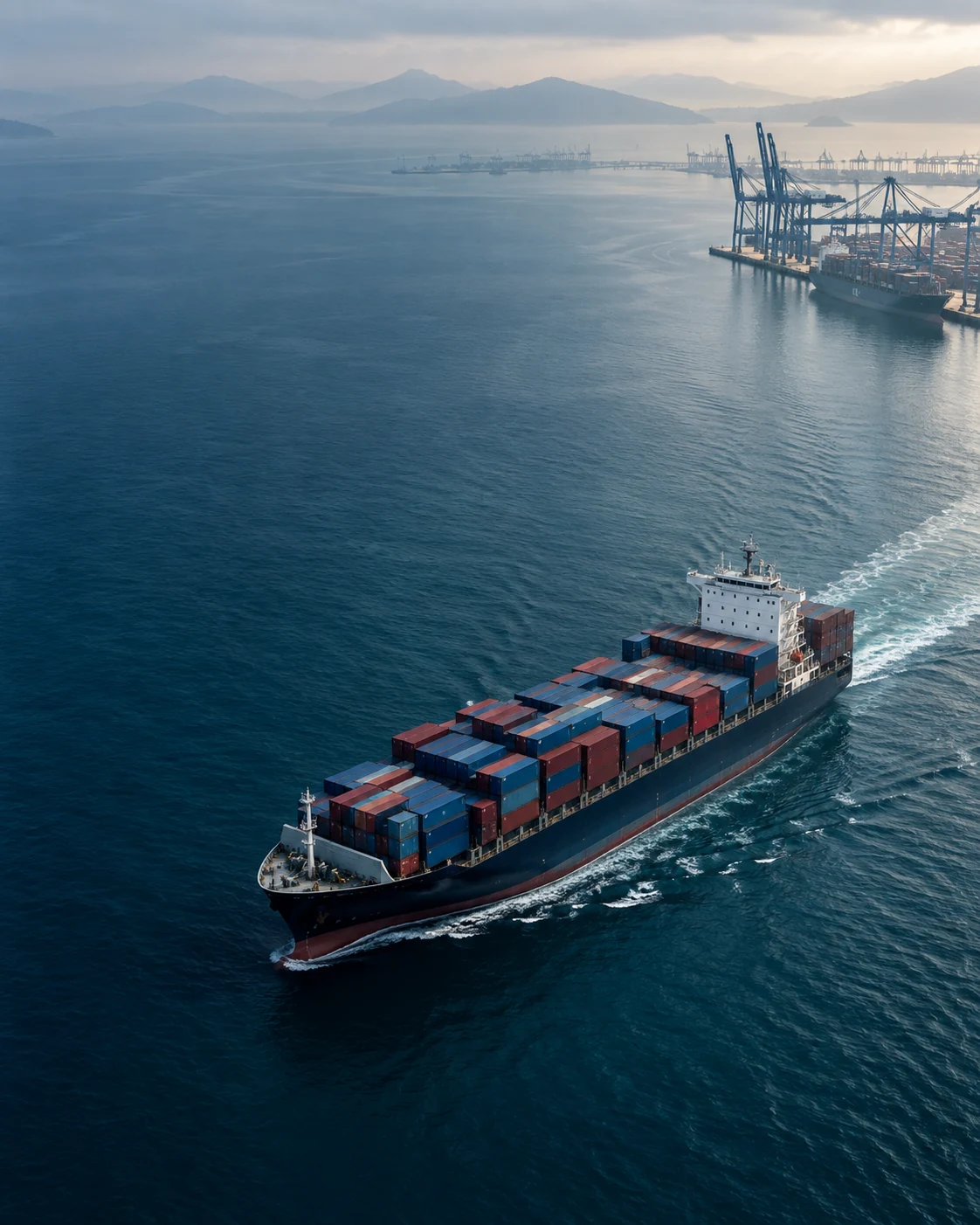 A container ship crossing deep blue water beside a freight harbour